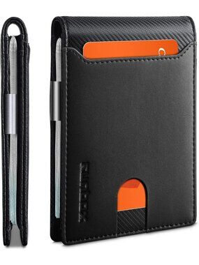 〽️Man Metal  Leather Money Clip RFID Blocking Pocket Bifold Credit Card Wallet